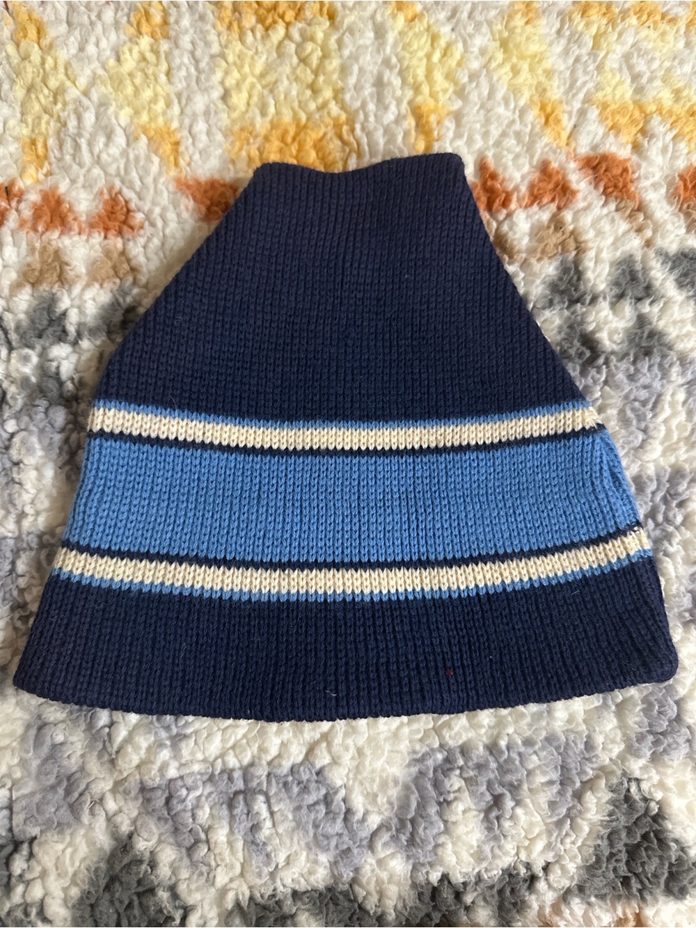 Vintage Smiley Wool Knit Beanie Hat Blue Stripe Winter Cap